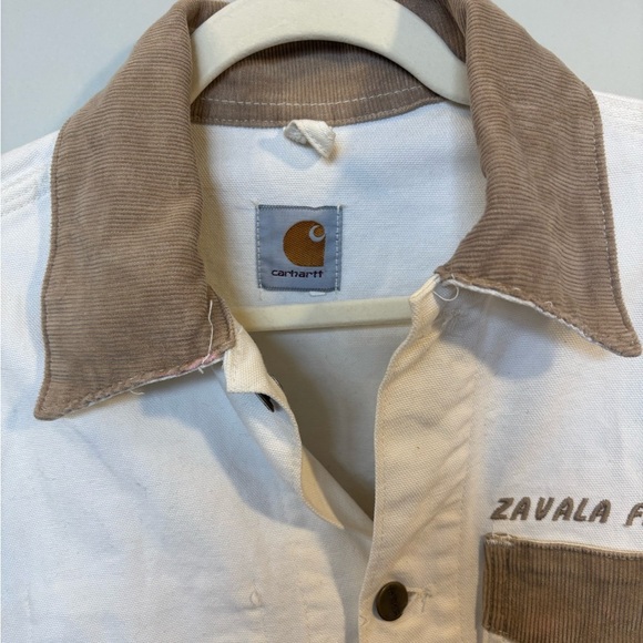 Carhartt Jacket Cream Canvas Brown Cord Collar Barn Coat - Picture 3 of 9